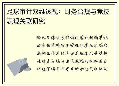 足球审计双维透视：财务合规与竞技表现关联研究