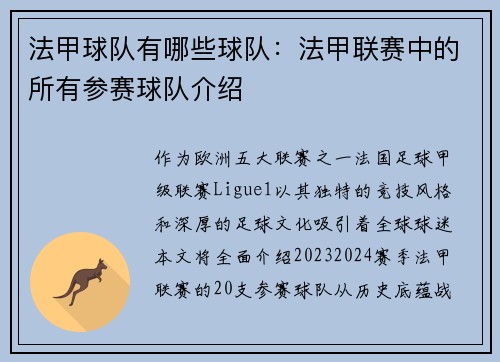 法甲球队有哪些球队：法甲联赛中的所有参赛球队介绍