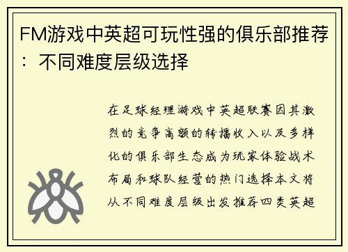 FM游戏中英超可玩性强的俱乐部推荐：不同难度层级选择