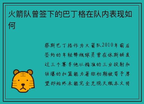 火箭队曾签下的巴丁格在队内表现如何